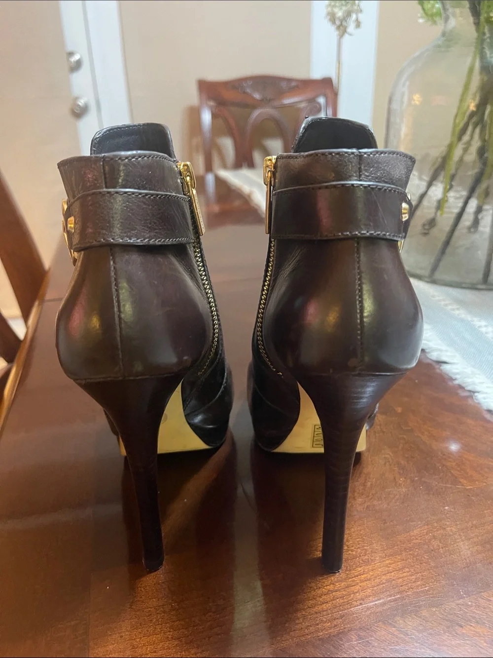 Michael Kors Dark Brown Leather High-Heel Ankle Booties with Gold MK Accent
